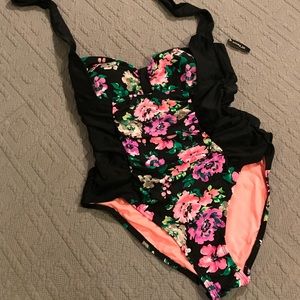 One Piece Halter Black & Floral Bathing Suit